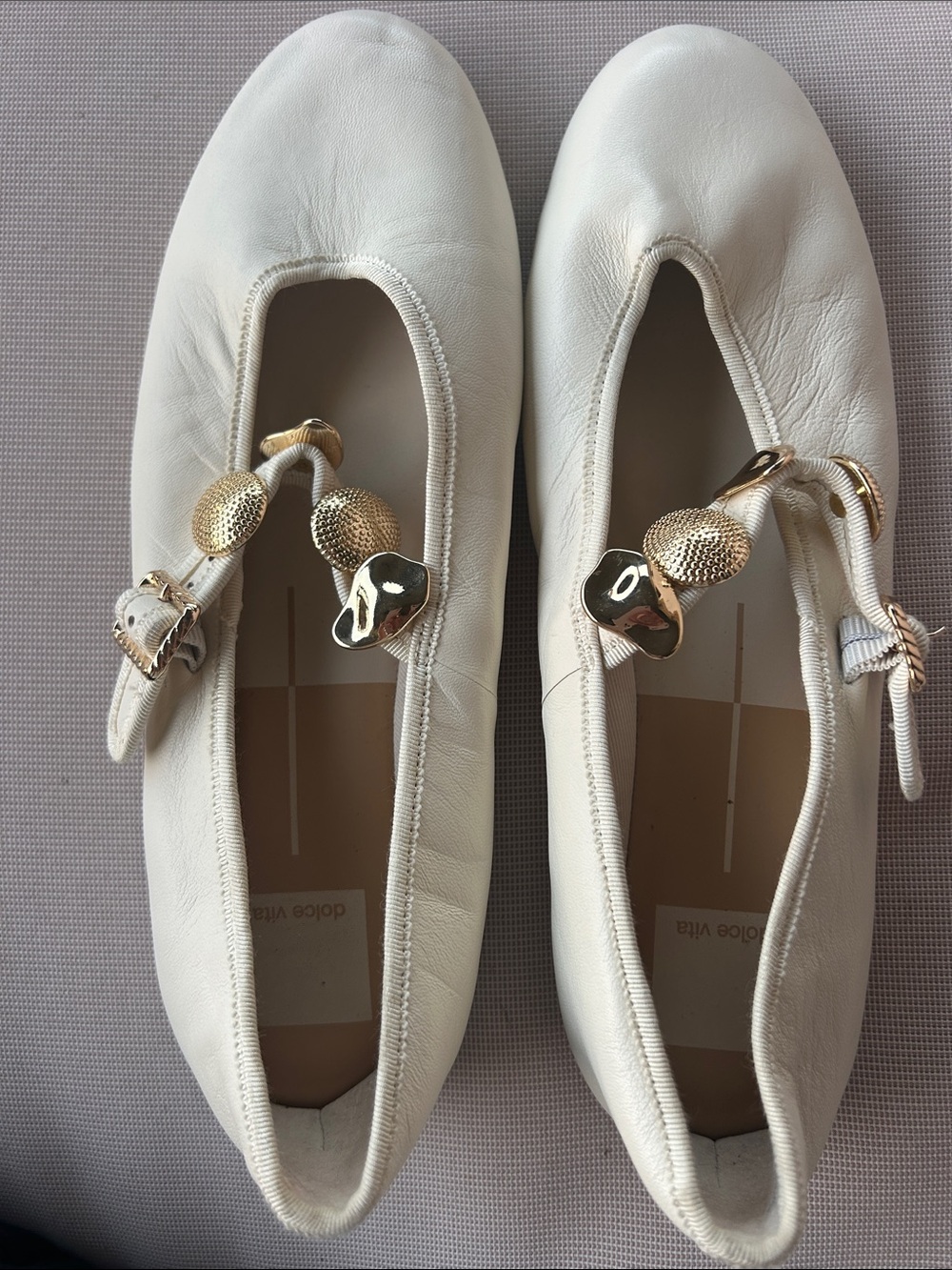 Dolce Vita Cream Leather Ballet Flats with Gold Bead Accents